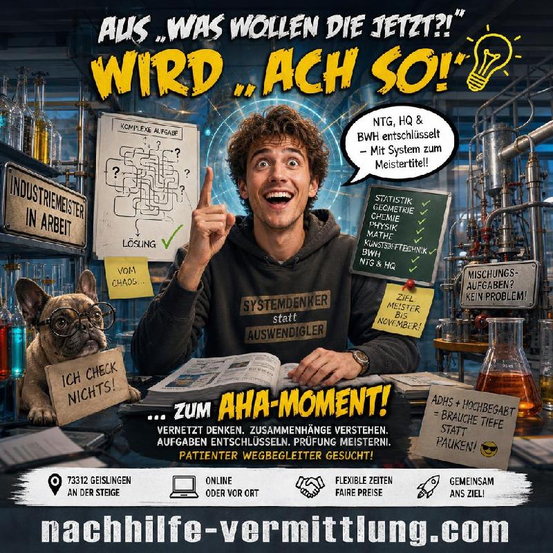 Nachhilfe Statistik, Geometrie, Chemie, Physik, Mathe, Mathematik, NTG, BWH, Kunststofftechnik Geislingen An Der Steige Nachhilfe Statistik, Geometrie, Chemie, Physik, Mathe, Mathematik, NTG, BWH, Kunststofftechnik Geislingen An Der Steige